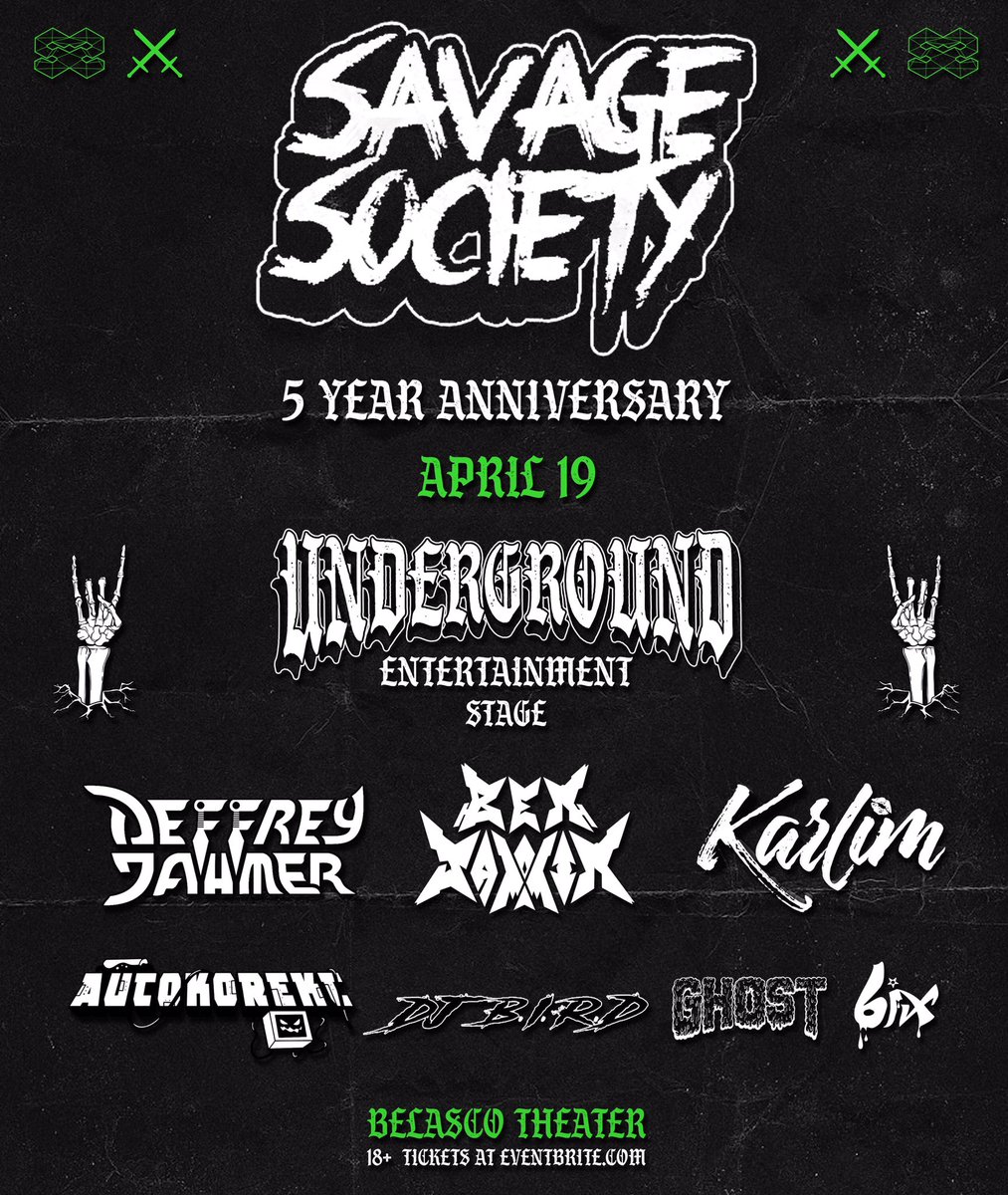 Underground Ent. (@undrgrndent_) on Twitter photo Underground is taking over the basement at the Belasco Theater for the <a href="/SavageSocietyUS/">Savage Society Records</a> 5th year anniversary show on April 19th!! Hardcopy tickets are available ⚔️ Underground is taking over the basement at the Belasco Theater for the <a href="/SavageSocietyUS/">Savage Society Records</a> 5th year anniversary show on April 19th!! Hardcopy tickets are available ⚔️