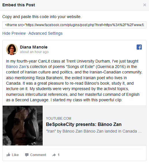 BanooZan's tweet photo. Much love to professor @dianamanole2013 for including my #poetry #book #SongsOfExile @guernica_ed in her #CanLit course at @TrentUniversity #Durham https://t.co/fidrO0jwzz
