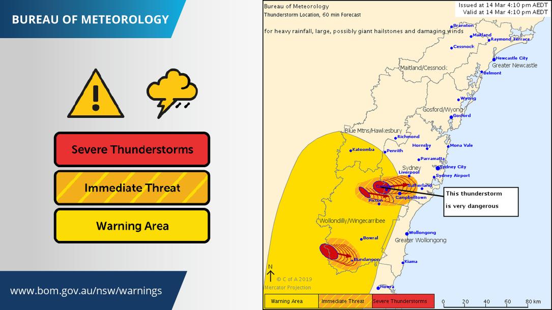 ⚡ #Severe #Thunderstorm #Warning for Heavy Rainfall, Large (possibly Giant) Hail, and Damaging Winds now current for parts of the Sydney Metro, Southern Highlands, Southern Ranges, and Northern Tablelands. Stay up to date with warnings at ow.ly/heNq30o2o6v #SydneyStorms