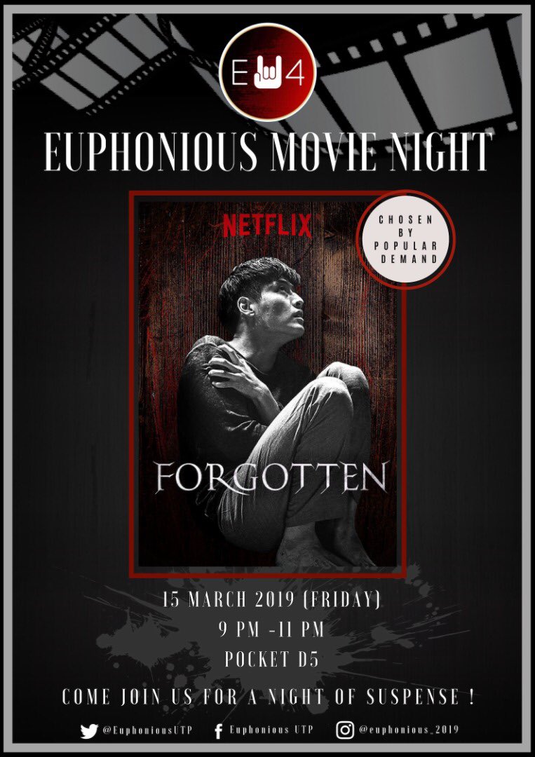 EuphoniousUTP's tweet photo. *Eupho19’s MOVIE NIGHT* 🎬🎬🎬 

Don’t have a Netflix account? Don’t worry! Come join us for a Netflix-exclusive movie night ! 🎥 🍿 

Date: 15 March 2019 (Friday) 
Time: 9pm - 11pm
Venue: D5 https://t.co/IVQwp7ULJh