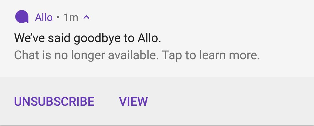 JuxAlick's tweet photo. R.I.P Allo, you were fun while you lasted...
#googleallo https://t.co/4IfAkI5h4p