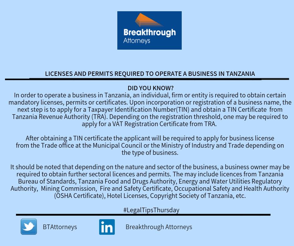 BTAttorneys's tweet image. On this week's legal update, we provide a brief snapshot of the licenses and permits required to operate a business in Tanzania.
#LegalTipsThursday