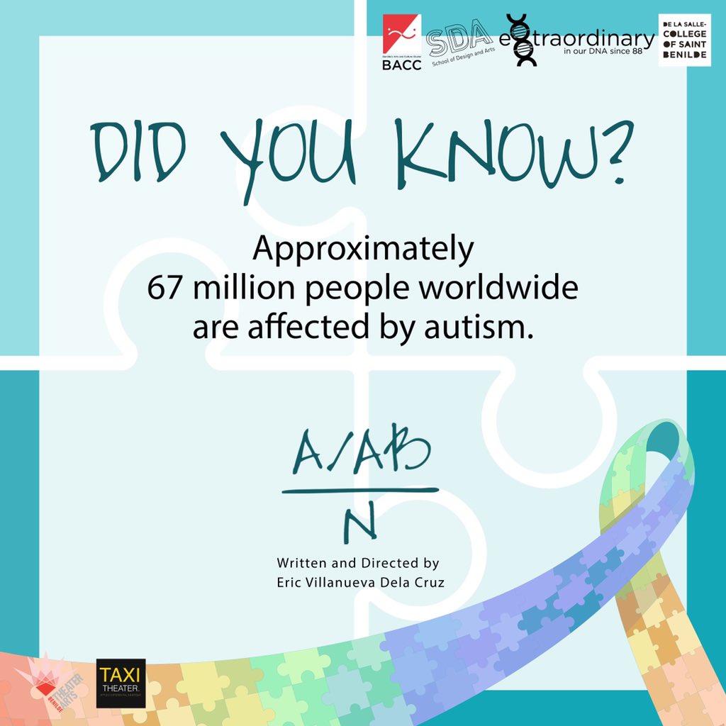 taxitheater's tweet photo. Here is additional info on #autism worldwide. π§©πWatch TAXI Theater's latest project in collaboration with Benilde Theater Arts Batch 116.
(A/AB)/N
Shows: March 14-16 ; 1PM|7PM @ 6F Blackbox, SDA Campus
Ticket: 09064018531 Karl
#taxitheater
#TAXIAAbN
#autismawareness https://t.co/O7rlsSLGWk