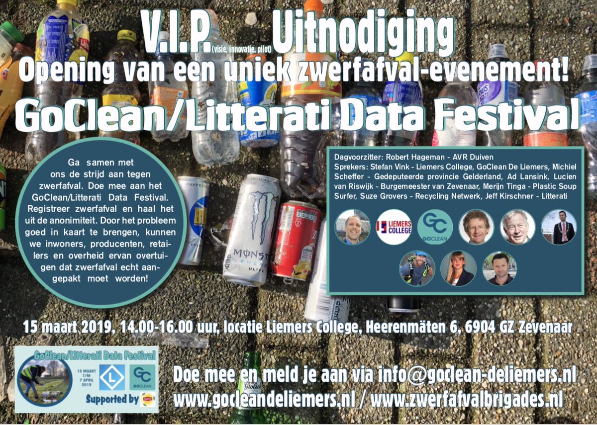 Morgen 15 maart opening van het allereerste unieke data festival voor zwerfafval! Met de geweldige sprekers. Dagvoorzitter is Robert Hageman <a href="/litterati/">Litterati</a> <a href="/GocleanD/">Stichting GoClean De Liemers</a> <a href="/liemerscollege/">Liemers College</a> #uniek #evenement #gldatafestival #opening #zwerfafval #hetkanechtanders #schoonwandelen #verandering
