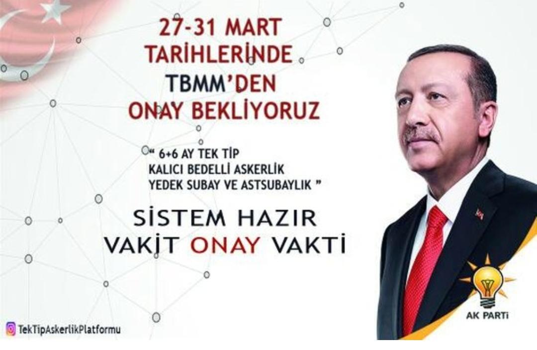 Madem Secim Öncesi YeniAskerlikSistemini bitirmek istediniz o zaman 27 - 31 mart tarihlerinde mecliste ONAYLANSIN.
#TekTipAskerlik