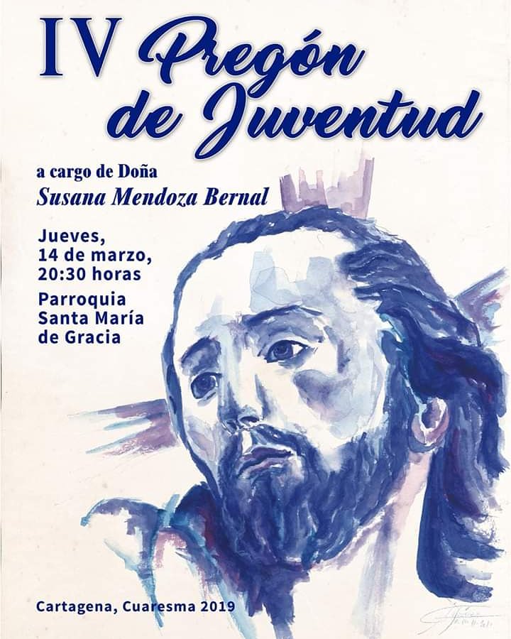 Esta noche disfrutaremos en la Iglesia de Sta María del IV Pregón de Juventud, a cargo de Dña. Susana Mendoza Bernal. 
¡Os esperamos! En sus palabras escucharemos la voz de los jóvenes de nuestra <a href="/resucitadocarta/">Cofradía Resucitado</a>, sin perder ese sello tan inconfundible para quienes la conocemos.