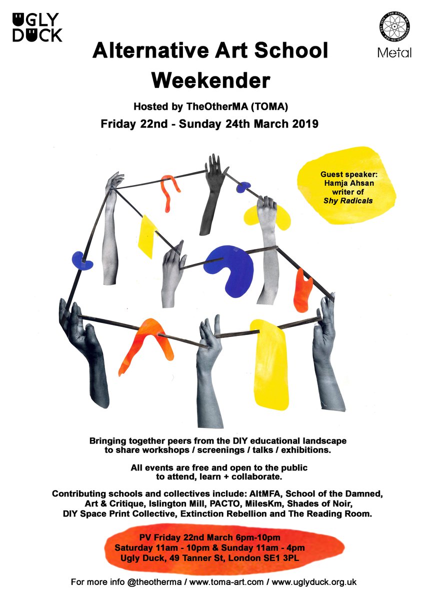 Looking forward to the Alternative Art School Weekender organised by @theotherma_TOMA come along to the temporary art school from 22-24 March 2019 @WeAreUglyDuck 49 Tanner St, London SE1 3PL uglyduck.org.uk/portfolio_page… All welcome #altarted #diy