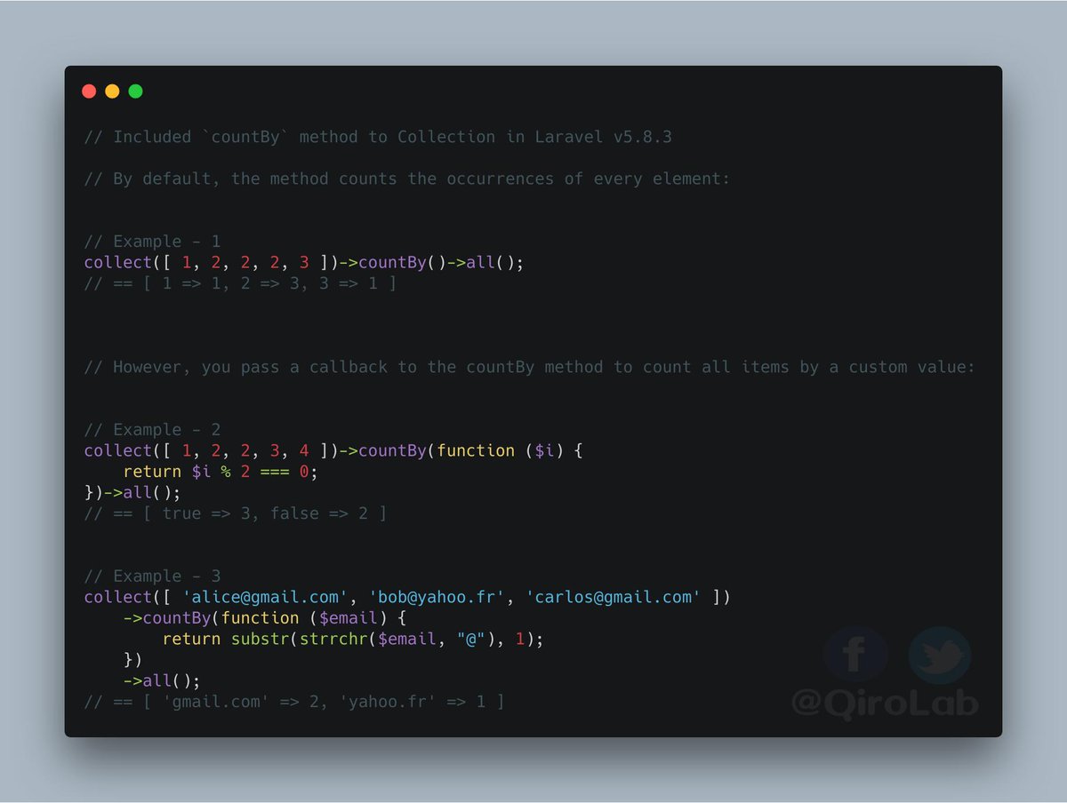 qirolab's tweet image. 💡 🔥 Included `countBy` method to Collection in Laravel v5.8.3 

#Laravel #LaravelUpdates #TipOfTheDay