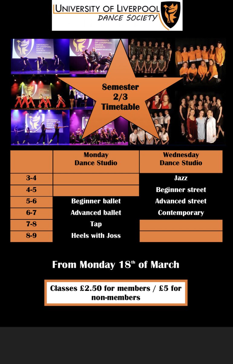UPDATE: classes have moved around slightly! Here is the last class timetable of the year. This seclude will start from next week up until May👯‍♀️ However this Monday’s tap class will be 9-10pm after heels class as a one off and will go back to 7-8pm after next week🧡🖤🧡