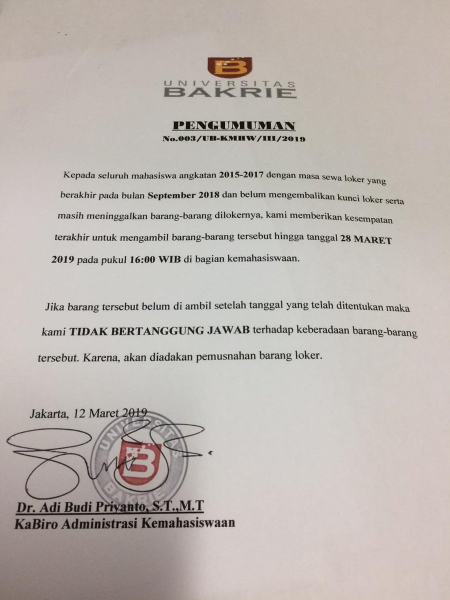 Bagi mahasiswa yang pernah meminjam loker pada periode 2017-2018 yang kuncinya blm dikembalikan, kami mohon untuk ke loket hingga tanggal 28 Maret <a href="/JakunUB/">JarKom Untuk UB</a> <a href="/BEM_UB/">BEM UNIVERSITAS BAKRIE</a> @HMTI_UB <a href="/HMITP_UB/">HMITP Univ. Bakrie</a> <a href="/HMTIF_UB/">HMTIF_Univ.Bakrie</a> @HMILKOM_UB @HMILPOL_UB <a href="/HMA_UB/">HMA Univ. Bakrie</a> <a href="/HMM_UB/">HM Manajemen UB</a> <a href="/HMTS_UB/">HMTS BAKRIE UNIV.</a> <a href="/HMSI_UB/">HMSI Univ. Bakrie</a> <a href="/HMTL_UB/">HMTL Univ. Bakrie</a>