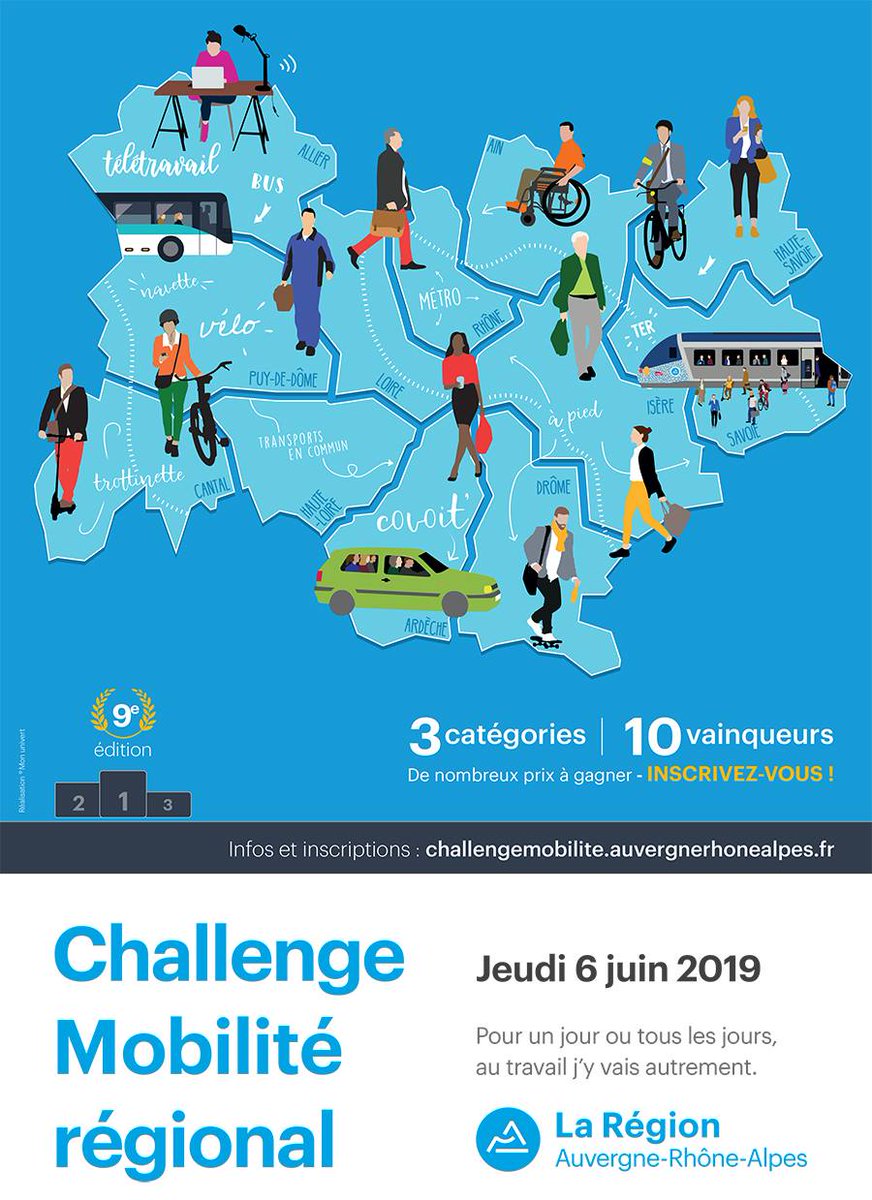 Le <a href="/ChallengeMob/">Challenge Mobilité</a> Auvergne-Rhône-Alpes revient le 6/06 sur le thème #mobilité et #santé. #Entreprises, #collectivités ou #associations, inscrivez-vous dès aujourd'hui : …allengemobilite.auvergnerhonealpes.fr Et pensez à MOV'ICI, l'appli de #covoiturage régional gratuite !