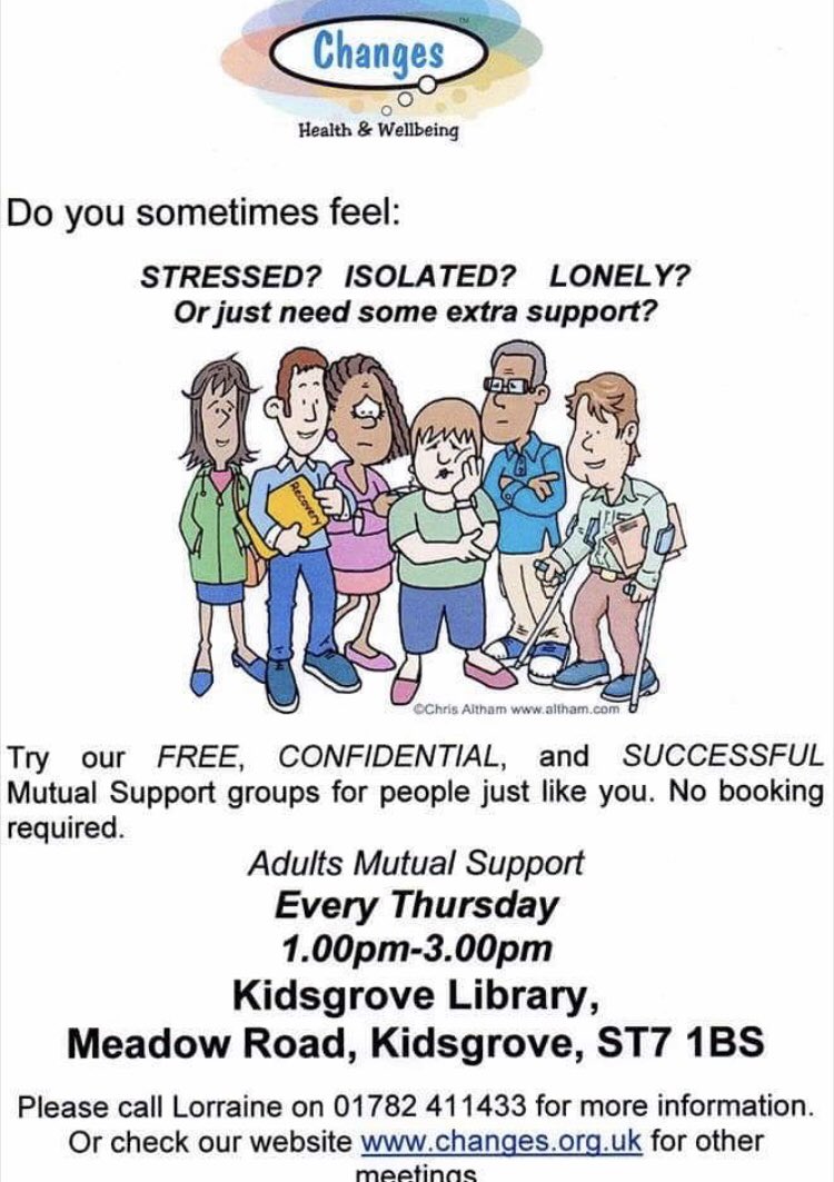 Do you feel like you need some extra support? Why not go along to the Adults <a href="/ChangesHW/">Changes Health and Wellbeing</a> group at Kidsgrove Library, Thursday’s, 1pm-3pm 🔹 #MentalHealth #AskForHelp #ItsOkNotToBeOk #HealthyMinds