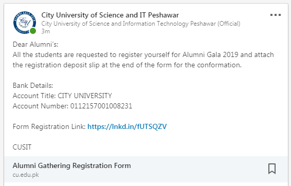 cusitalumni's tweet photo. Dear Alumni’s:
All the students r requested to register yourself 4 Alumni Gala 2019 &amp; attach the registration deposit slip at the end of the form.

Bank Details:
Account Title: CITY UNIVERSITY
Account Number: 0112157001008231
Form Registration Link: https://t.co/pEmiF5GrYp

CUSIT https://t.co/ynsZIfIxdp