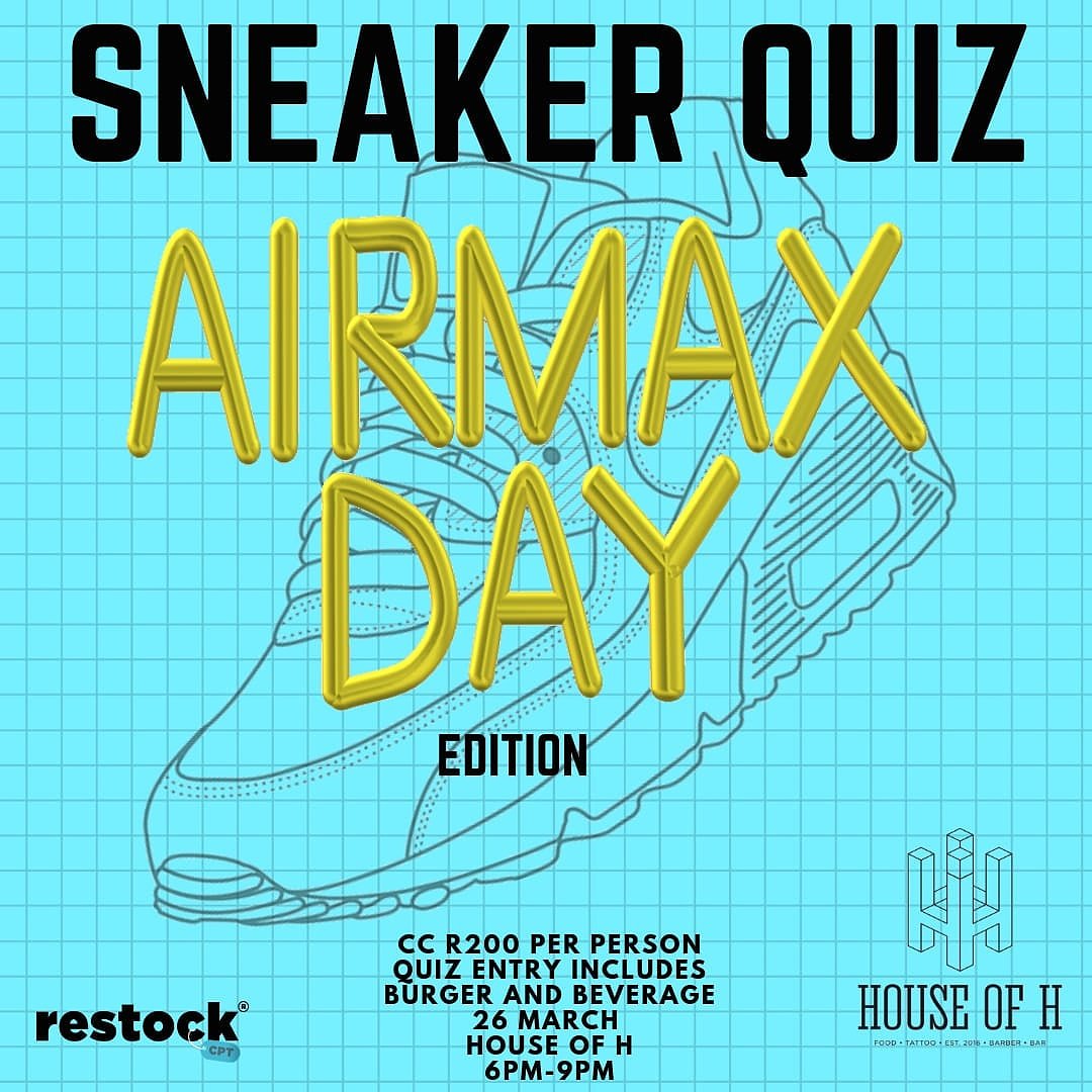 CptRestock's tweet photo. We are bringing you something new and fun for #airmaxday2019 
Get your team together for a fun night out. Test your knowledge on all things Airmax and you can win cool prizes! 
Teams of 2 - 6 people
Register your team on quicket, link in my bio https://t.co/s5pGNojgNj