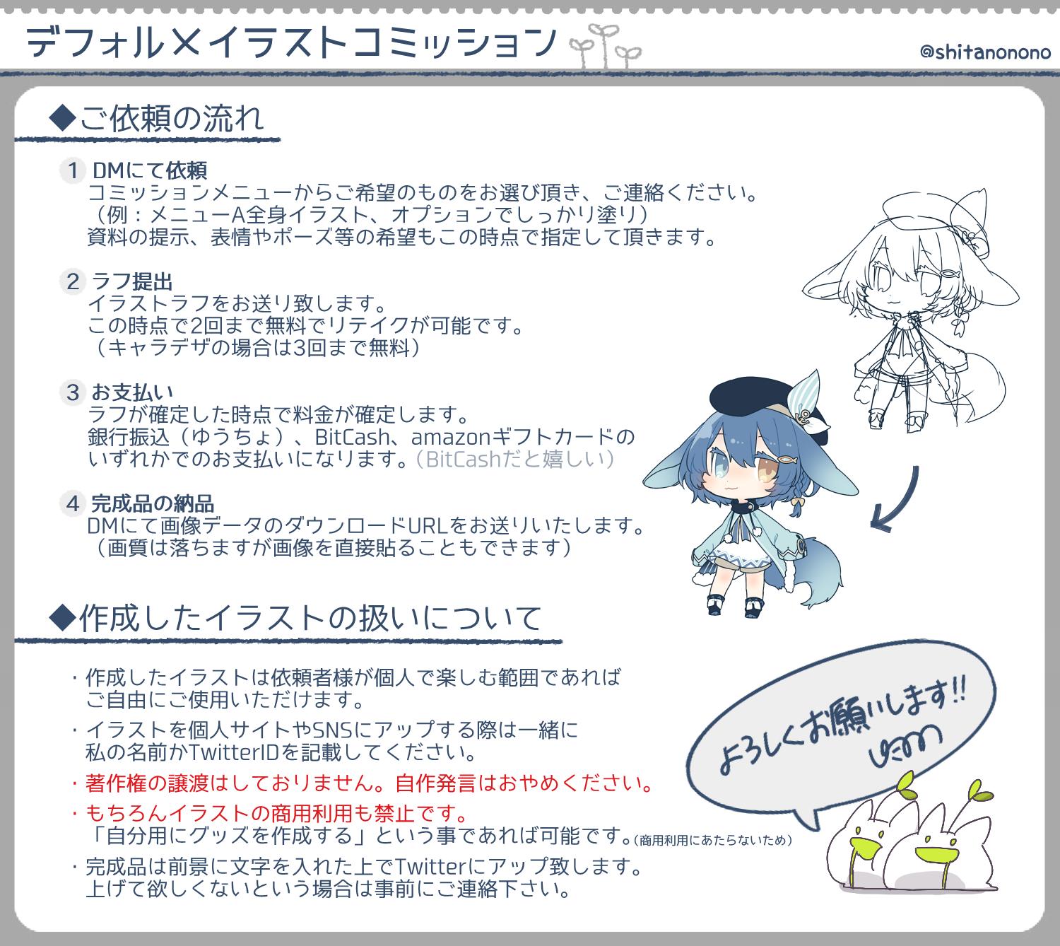 したのの Commission受付中 デフォルメイラストコミッション デフォルメオンリーのイラストコミッションです フォロー外からの依頼も受け付けております 依頼の際はコミッションシート 特に4枚目 をよく確認してください 受付状況はリプライ