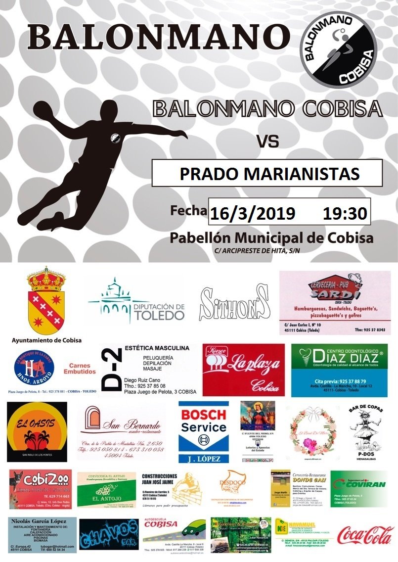 | Jornada 21 |
⚽️ <a href="/BMCobisa/">Balonmano Cobisa</a> vs @bmpMarianistas
📆 Sábado 16 de Marzo
🕔 19:30 horas
🚩 Pabellón Municipal Cobisa