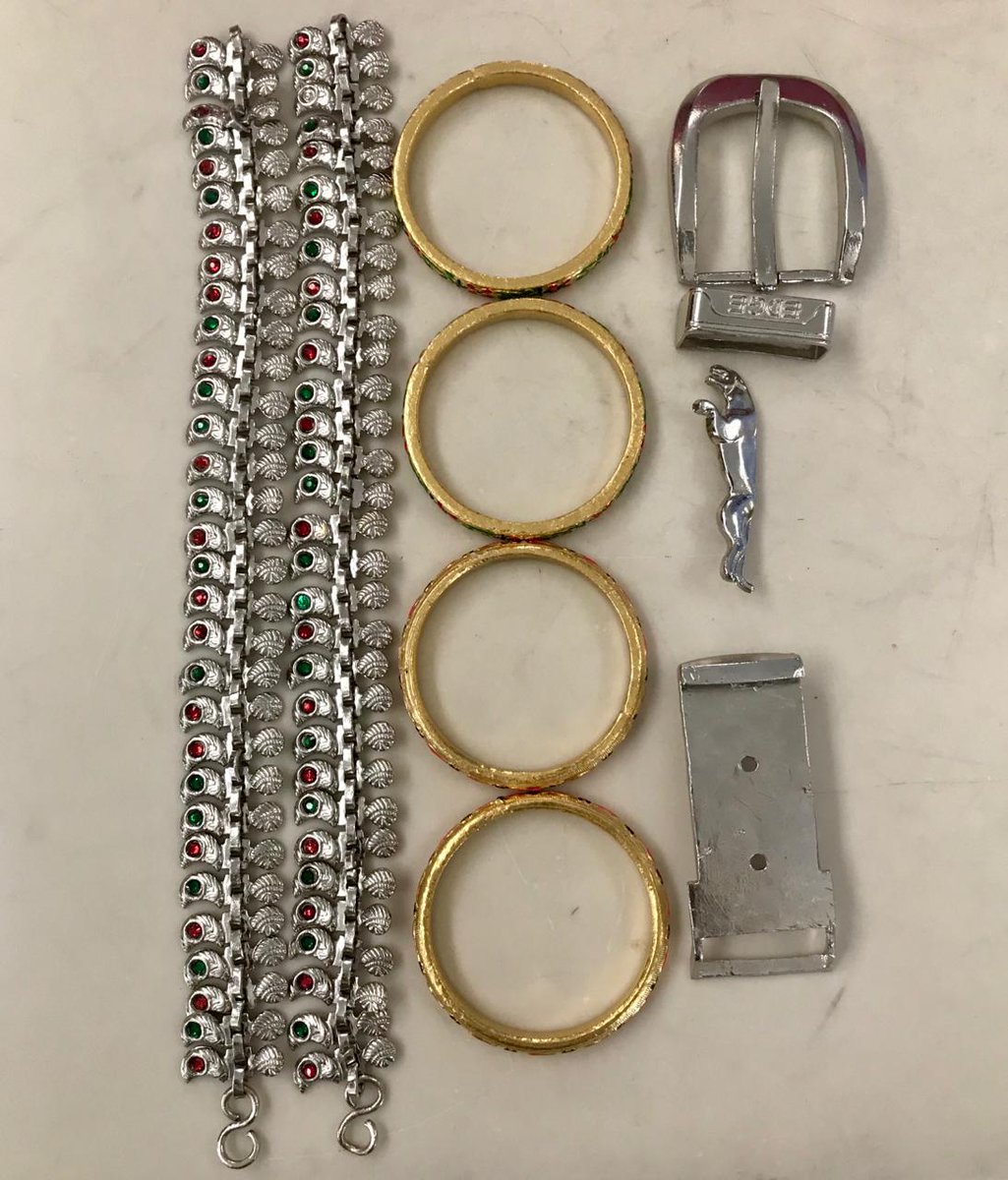 On 13.03.2019, a couple traveling from dubai in ek 564were intercepted on profiling. On examination, it was revealed that they had concealed gold in belt buckles and anklets with silver/mercury coating and bangles. 1.3kg worth 43 lakhs was seized and pax arrested <a href="/cbic_india/">CBIC</a>