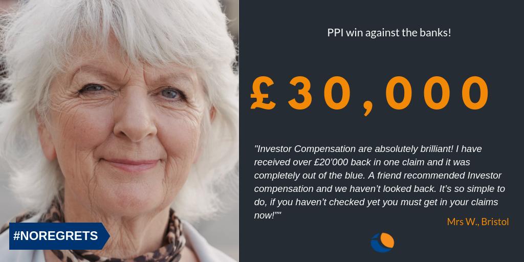 InvestorComp's tweet photo. #throwbackthursday to our lovely customer Mrs W. from Bristol. She had a couple of PPI claims with her bank and never knew whether she had any PPI. When we checked for her, her claims were worth a total of £30,000. Start your claim today on https://t.co/4UuxLNBvHG #noregrets https://t.co/tJa21elEEB