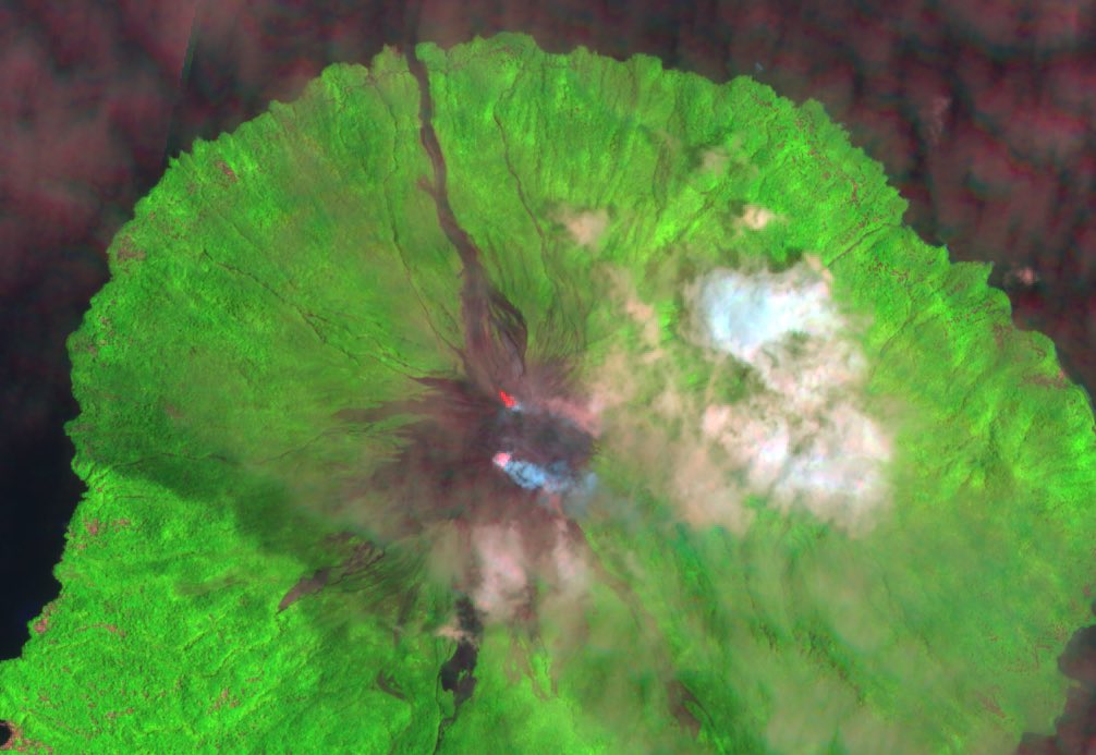 CopernicusEU's tweet photo. These #Sentinel2 images from 10 March of the #Karangetang 🌋 in #Indonesia show significant volcanic activity, with two clearly visible hot spots
Processing by @tonyveco (with @PlatformAdam for the 3D view) https://t.co/JJbeoqwzdU