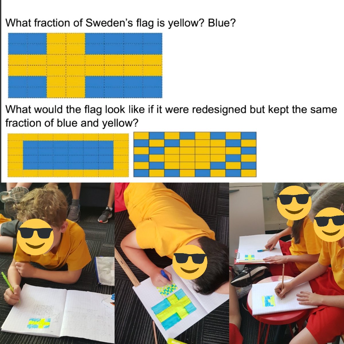 BurkeyPYP's tweet photo. Today 5B explored equivalent fractions in a fun and unusual way. By changing the size and shape of the flag, students were able to experiment with fractions by finding equivalent fractions to 24/48. https://t.co/EaPFAyYIGP