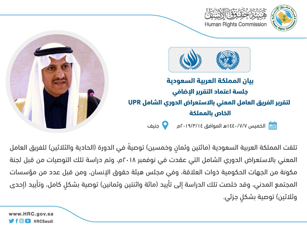 العيبان: تلقت المملكة (258) توصيةً في الدورة (31) للفريق العامل المعني بالاستعراض الدوري الشامل، وتم تأييد (182) توصية بشكلٍ كامل، وتأييد (إحدى وثلاثين) توصية بشكلٍ جزئي.
#السعودية_UPR3
#هيئة_حقوق_الإنسان