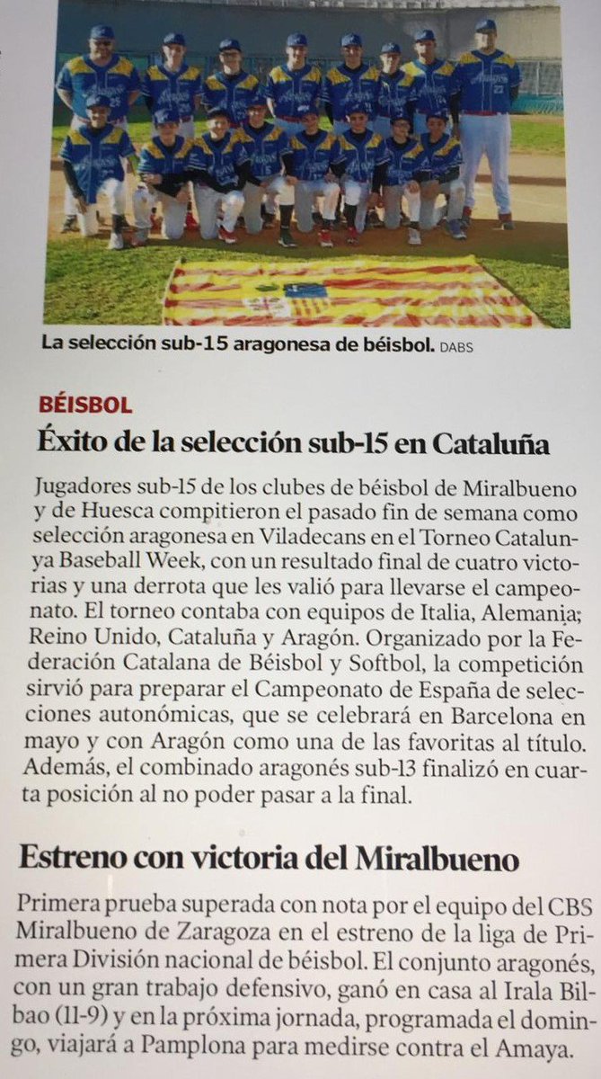 Hoy en el <a href="/heraldoes/">Heraldo de Aragón</a> <a href="/heraldodeportes/">Heraldo Deportes</a> reseña de la victoria de la selección aragonesa Sub-15 en el torneo Catalunya Baseball Week <a href="/FCBeisbolSofbol/">Beisbol i Softbol Catalunya ⚾️🥎</a> del 8 al 10 de marzo. Mención importante al gran torneo realizado por los sub-13 también. <a href="/HuescaClub/">club beisbol Huesca ⚾️</a> <a href="/cbmiralbueno/">Béisbol y Sofbol Miralbueno</a> <a href="/deporte_aragon/">deporte.aragon</a>