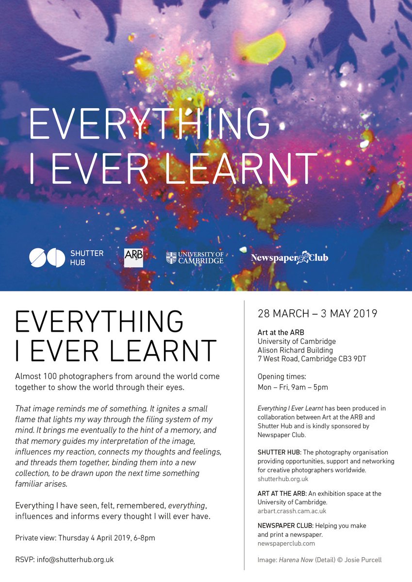 Shutter Hub (@shutter_hub) on Twitter photo JOIN US: Everything I Ever Learnt Private View & Exhibition Launch - 4 April, <a href="/ArtatARB/">Art at the ARB</a> at <a href="/Cambridge_Uni/">Cambridge University</a>
We would love you to be our guests! Find out all the details on our blog: buff.ly/2VSzPwt & RSVP: info@shutterhub.org.uk
#photography #EverythingIEverLearnt JOIN US: Everything I Ever Learnt Private View & Exhibition Launch - 4 April, <a href="/ArtatARB/">Art at the ARB</a> at <a href="/Cambridge_Uni/">Cambridge University</a>
We would love you to be our guests! Find out all the details on our blog: buff.ly/2VSzPwt & RSVP: info@shutterhub.org.uk
#photography #EverythingIEverLearnt