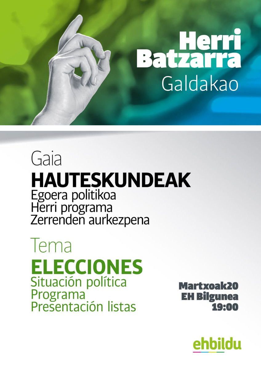 HERRI BATZARRA
🔵 Martxoak 20
🔵 19.00etan
🔵 EH Bilgunean (Muguru kalea)
🔵 Gaiak: Hauteskundeak
1. Udal hauteskundeetarako zerrendaren aurkezpena.
2. Herri programaren azalpena.
3. Egoera politikoa.
#thinkdifferently
#pentsatudesberdin
#denonartean
#iñigoalkate
#Galdakao