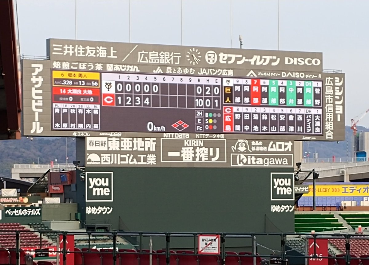 今、マツダスタジアムを通りかかったら、試合は無いのにスコアボードが
