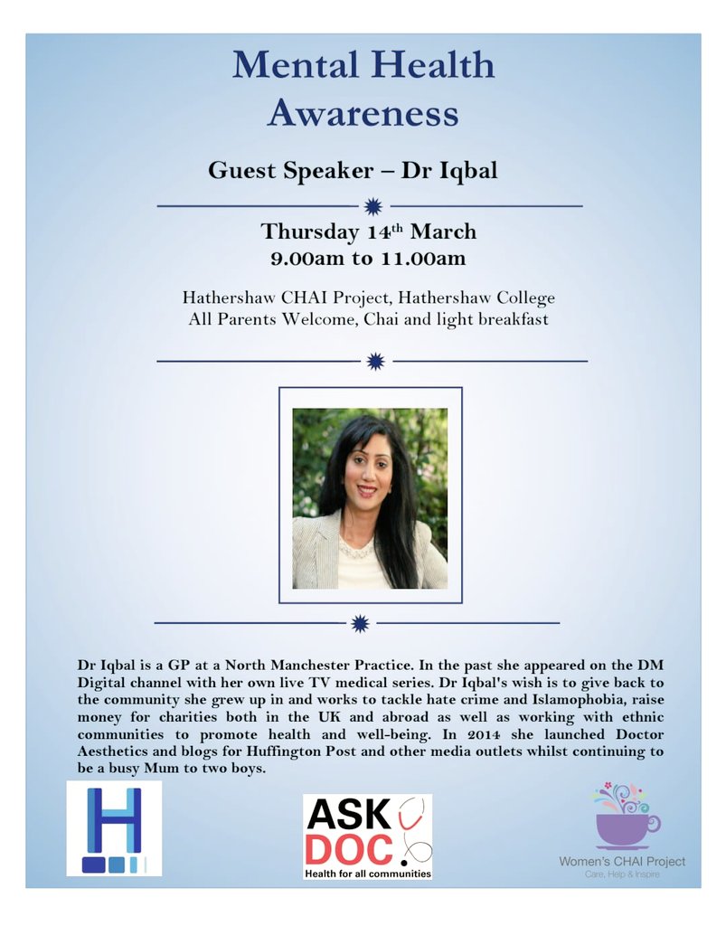 Had a great morning doing a talk as part of @askdoc1 on #depression to parents in #oldham to break down barriers and stigma around #MentalHealth with <a href="/CHAI_Project/">Women's CHAI Project</a> <a href="/NajmaKhalid1/">Najma Khalid MBE DL</a>