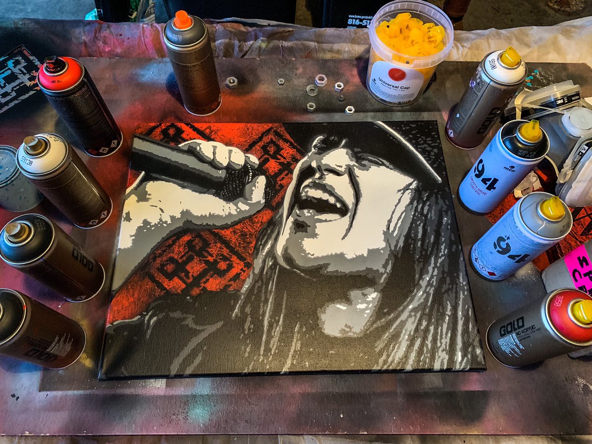 First painting of 2019! Thought I’d rock out a portrait canvas of @laurenbabic _ to show my support and excitement for the new @rhdband album that drops March 29, check it! #kcartist #art #artistsoninstagram #handcut #stencilart #spraypaintart