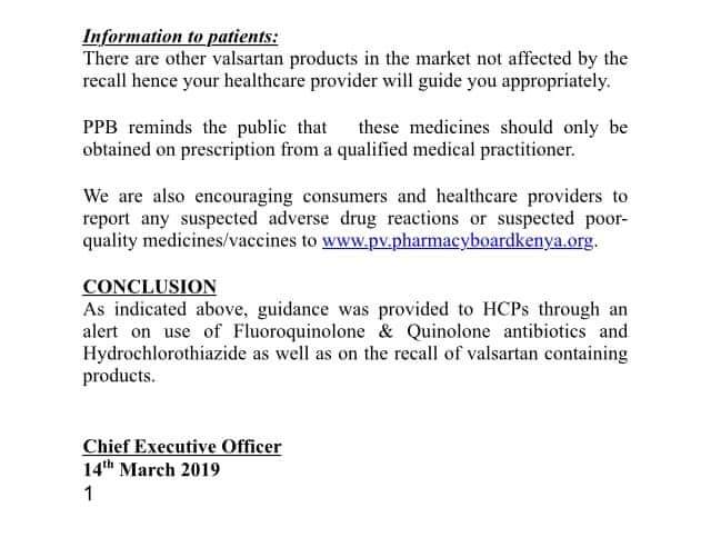 Pharmacy and Poisons (@ppbkenya) on Twitter photo Press statement on the Fluoroquinole antibiotics and hydrochlorothiazide (HCTZ).
The healthcare providers are called upon to be vigilant and report any of the suspects adverse events to PPB.<a href="/MOH_Kenya/">Ministry of Health</a> Press statement on the Fluoroquinole antibiotics and hydrochlorothiazide (HCTZ).
The healthcare providers are called upon to be vigilant and report any of the suspects adverse events to PPB.<a href="/MOH_Kenya/">Ministry of Health</a>