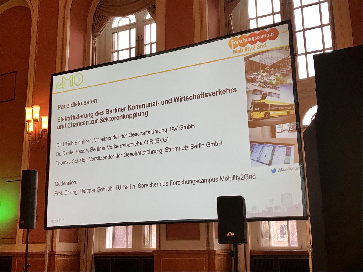 Jetzt läuft auf der #HSK2019 das Panel „Elektrifizierung des Berliner Kommunal- und Wirtschaftsverkehrs und Chancen zur Sektorkopplung“ mit @BVG_Kampagne , @stromnetzberlin, @mobility2grid und unserem CEO Dr. Ulrich Eichhorn.