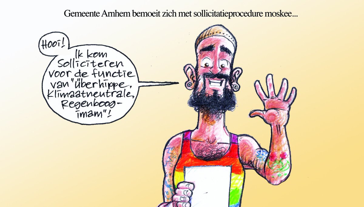 Vandaag in <a href="/DeGelderlander/">De Gelderlander</a>: Gemeente Arnhem bemoeit zich met sollicitatieprocedure moskee... #cartoon #sollicitatieprocedure #moskee #imam #arnhem #regenboogimam #imamyoussef #elfathmoskee #arkhouch #marcouch