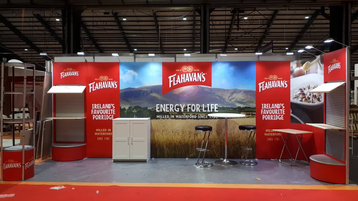 FocusISOframe's tweet photo. What a busy few weeks of shows. @FlahavansIRL had their amazing ISOframe wave at Catex 2019 with custom integrated shelving on slat wall to display their delicious products! Need a display? Call us on 051832742 #displays #ISOframe #ISOframeWave #FocusISoframe https://t.co/TxStU48jEq