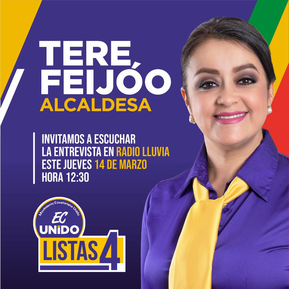 Los invito a que me escuchen hoy a través de la señal de radio Lluvia, a partir de las 12:30. Voy a reiterar los ejes de mi plan de trabajo para hacer de Piñas la ciudad que todos soñamos. #TeresitaAlcaldesa #PiñasUnido #VotaTodo4