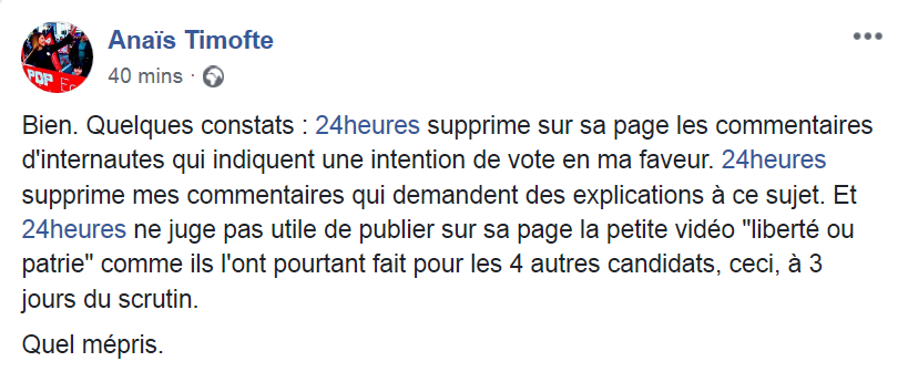 Alej_Pal's tweet photo. Tentative d'invisibilisation de la candidate POP @anaistimofte

Déçu à plusieurs niveaux du traitement de la campagne de l'élection complémentaire au Conseil d'État par le @24heuresch: https://t.co/WjBhyqUdUC 
#CEVD2019 #CEVD19 #Vaud https://t.co/d6D3Q4uQUm