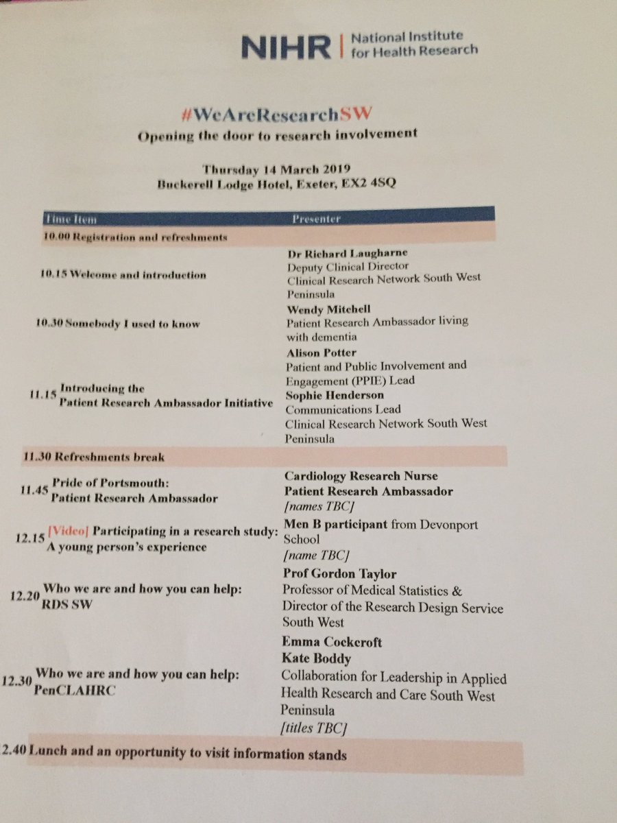 WendyPMitchell's tweet photo. Looking forward to encouraging the public and professionals to talk about research here in Exeter......#WeAreResearchSW @beatdementia @OfficialNIHR 😊 https://t.co/zwChUIXG9H