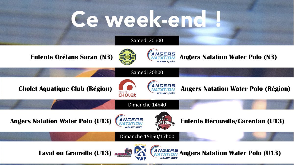 Angerswaterpolo's tweet photo. 🤽‍♀️🤽🏼‍♂️#TEAMANWP
[Matchs du week-end]

Angers Natation Water Polo en déplacement ⤵️

#MatchsDuWeekend #SportAngers #LaDalleAngevine #ORLEANSANGERS #ChampionnatZO https://t.co/VIVaxThjMN
