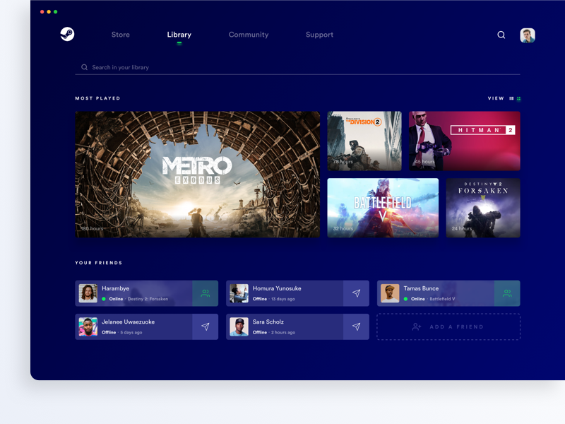 delta_io's tweet photo. Visual exploration for steam #desktop #app #darkdesktop  #friends  #games  #gaming  #library  #search  #steam  #userinterface  #videogames #design #dribbble #designagency #ui https://t.co/NpOtCFtruE