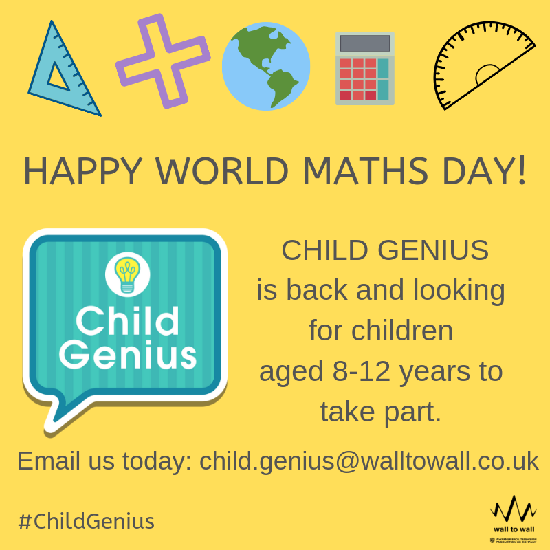 childgeniusuk's tweet photo. ➗HAPPY WORLD MATHS DAY ➗
Good luck to everyone taking part in the @MathleticsUK challenge today. 
#ChildGenius is back and we are looking for children to take part. If you would like more information, email us today! #WMD2019 #castingcall #giftedchild https://t.co/dEI1zLtOng