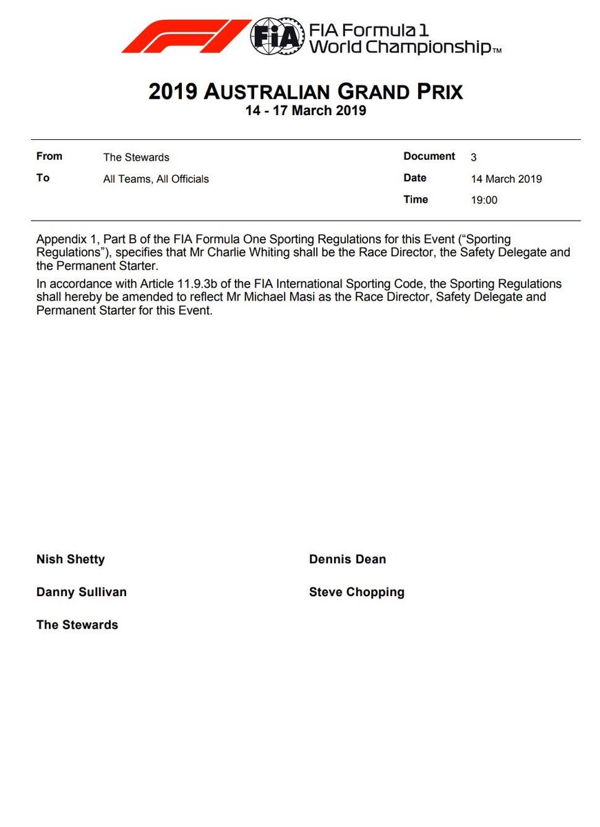 Michael Masi appointed Race Director for this weekend’s #AusGP