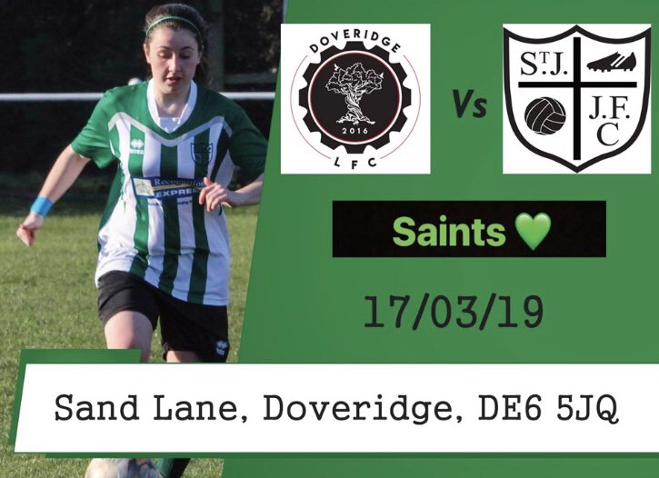 📆 17/03/19

🆚 <a href="/doveridgelfc/">Doveridge Ladies Football Club</a> 

⏰ 2pm K.O

🏟 Sand Lane, Doveridge, DE6 5JQ

#Saintssss💚