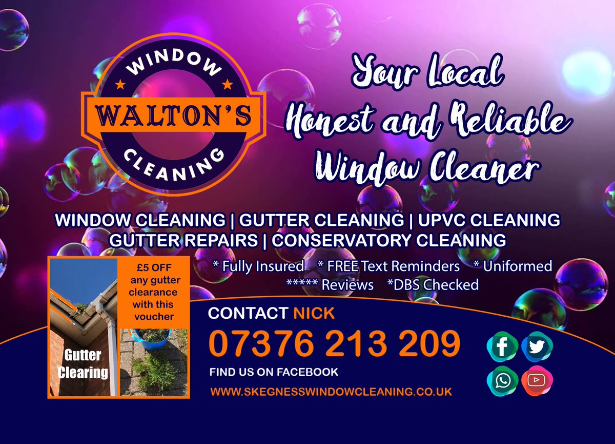 CleanWalton's tweet image. WINDOW CLEANING 
We are adding customers to our round in the  #Spilsby, #Burgh, #Wainfleet, #Chapel, #Alford &amp;amp; #Skegness area, if you would like a good honest and reliable window cleaner then please drop us a message or give us a call for a FREE quote. Tel: 07376 213 209