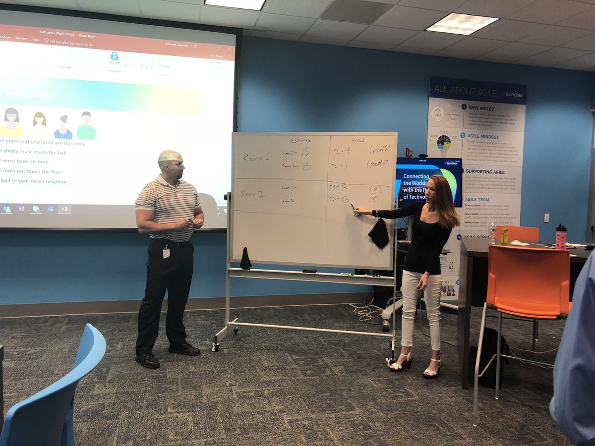 AngieBeltz1's tweet photo. Agile COE team Diana Weber and Jeremie Roberts talk Agile, Scrum, Kanban and lean dev to #Exlab19 students. Break the work down, self organized/managed teams. This is what we are doing @Tech_Data in the business. Of course the ball game was tested. @PatGehant @USFSPTiedemann https://t.co/2QWMvAJTKu
