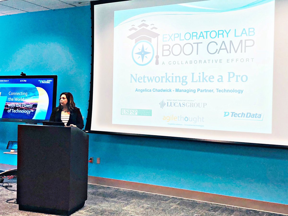 AngieBeltz1's tweet photo. Tell your story, showcase your thought leadership and leverage LinkedIn to network if you don’t prefer f2f. @AngelicaIT_FL Chadwick of #LucasGroup shares with #Exlab19 students on how to Network like a professional. @PatGehant @USFSPTiedemann https://t.co/p82nZyUuha