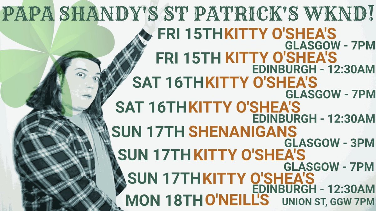 This is what the drams have on the go this weekend! If you’re out and about and fancy a party, mon in and join us! 🍻 Sunday at shenanigans is a solo slot from Kieran, the rest are 3 or 4 piece band shows! Let’s do this! 🍻💚
