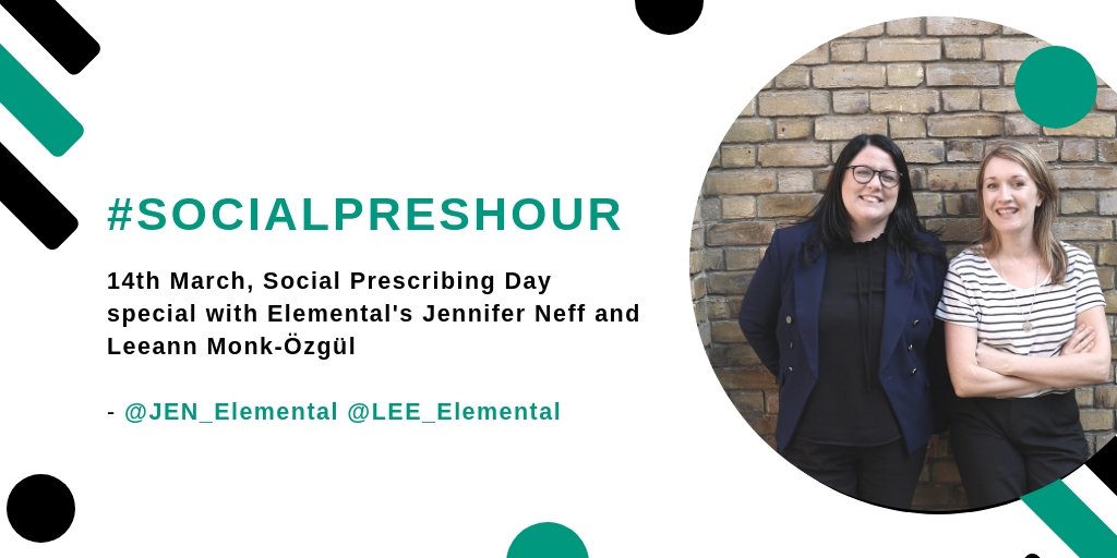 It's #SocialPrescribingDay! We're marking it with a special #SocialPresHour tonight with our very own @JEN_Elemental and @LEE_Elemental of @Its_Elemental join us tonight 8-9pm to celebrate #socialprescribing and share experiences and ideas