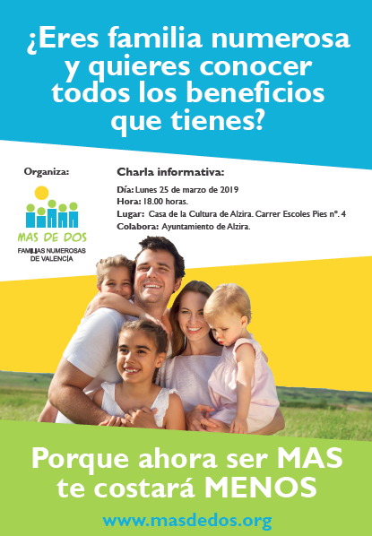 MASDEDOS2's tweet photo. ¿Eres familia numerosa y vives en ALZIRA? No te pierdas la conferencia del próximo LUNES 25 MARZO a las 18h en la Casa de la Cultura de Alzira. Con la colaboracion del Ajuntament de Alzira https://t.co/80LixrJ8ay