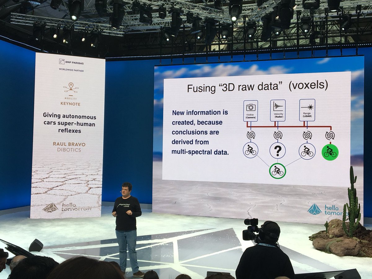 CardifLab's tweet photo. How to give autonomous cars super-human reflexes? @raul_bravo CEO #Dibotics believes that cars need fused sensing, a multi-spectral data (camera, thermal camera, radar, lidar with 3D data). But it will take time #HTSummit #Mobility https://t.co/IgSzsV0BPl